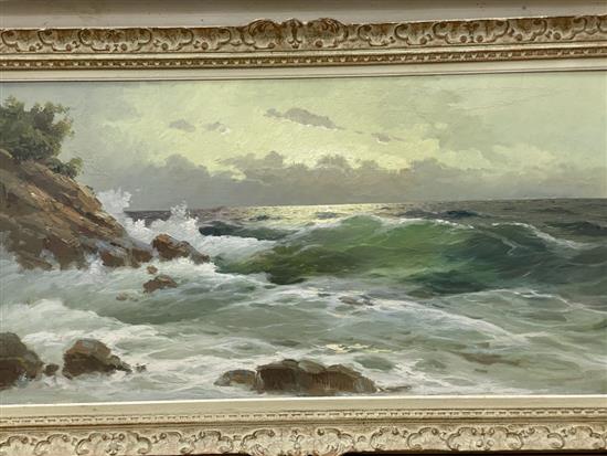 Bomuzen, oil on canvas, Waves breaking on the shore, signed, 60 x 120cm